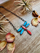 Load image into Gallery viewer, Dragonfly Pendant Necklace – Kingman Turquoise & Red Spiny Oyster – 19 Inch Sterling Silver Dragon Paperclip Chain