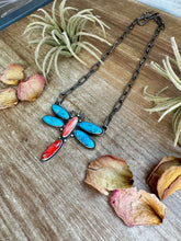 Load image into Gallery viewer, Dragonfly Pendant Necklace – Kingman Turquoise & Red Spiny Oyster – 19 Inch Sterling Silver Dragon Paperclip Chain