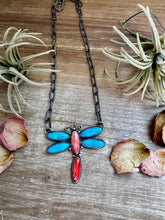 Load image into Gallery viewer, Dragonfly Pendant Necklace – Kingman Turquoise & Red Spiny Oyster – 19 Inch Sterling Silver Dragon Paperclip Chain