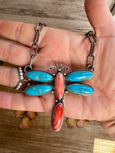 Load image into Gallery viewer, Dragonfly Pendant Necklace – Kingman Turquoise & Red Spiny Oyster – 19 Inch Sterling Silver Dragon Paperclip Chain