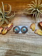 Load image into Gallery viewer, Large Sterling Silver Concho Earrings with Kingman Turquoise – Made in the USA