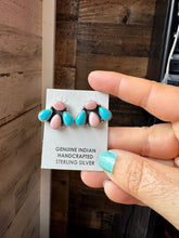 Load image into Gallery viewer, Stud Earrings – Kingman Turquoise & Pink Conch (Stamped Marcella James)