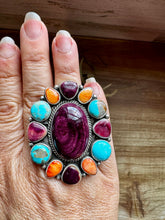 Load image into Gallery viewer, Adjustable Cluster Ring – Purple Spiny Oyster & Sonoran Gold by E. Richards, Native Made