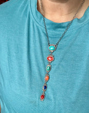 Load image into Gallery viewer, Sterling Silver Lariat Necklace – Native Made – Turquoise, Spiny, & Lapis Charms – One of a Kind