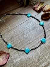 Load image into Gallery viewer, 15-Inch Peruvian Amazonite Heart Necklace – 5 Hearts, Handmade with Sterling Silver Pearls