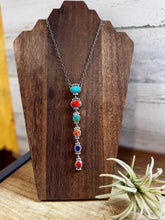 Load image into Gallery viewer, Sterling Silver Lariat Necklace – Native Made – Turquoise, Spiny, & Lapis Charms – One of a Kind