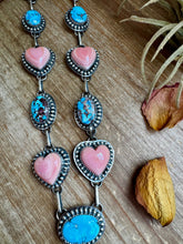 Load image into Gallery viewer, Lariat Necklace – Golden Hill Turquoise & Pink Conch Heart – 34” Adjustable Statement Piece