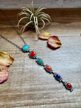 Load image into Gallery viewer, Sterling Silver Lariat Necklace – Native Made – Turquoise, Spiny, & Lapis Charms – One of a Kind