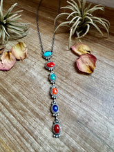 Load image into Gallery viewer, Sterling Silver Lariat Necklace – Native Made – Turquoise, Spiny, & Lapis Charms – One of a Kind