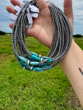 Load image into Gallery viewer, 15-Inch Sterling Silver Pearl & Blue Turquoise Torpedo Choker