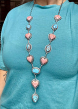 Load image into Gallery viewer, Lariat Necklace – Golden Hill Turquoise & Pink Conch Heart – 34” Adjustable Statement Piece