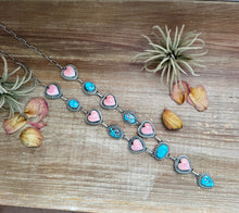 Load image into Gallery viewer, Lariat Necklace – Golden Hill Turquoise & Pink Conch Heart – 34” Adjustable Statement Piece