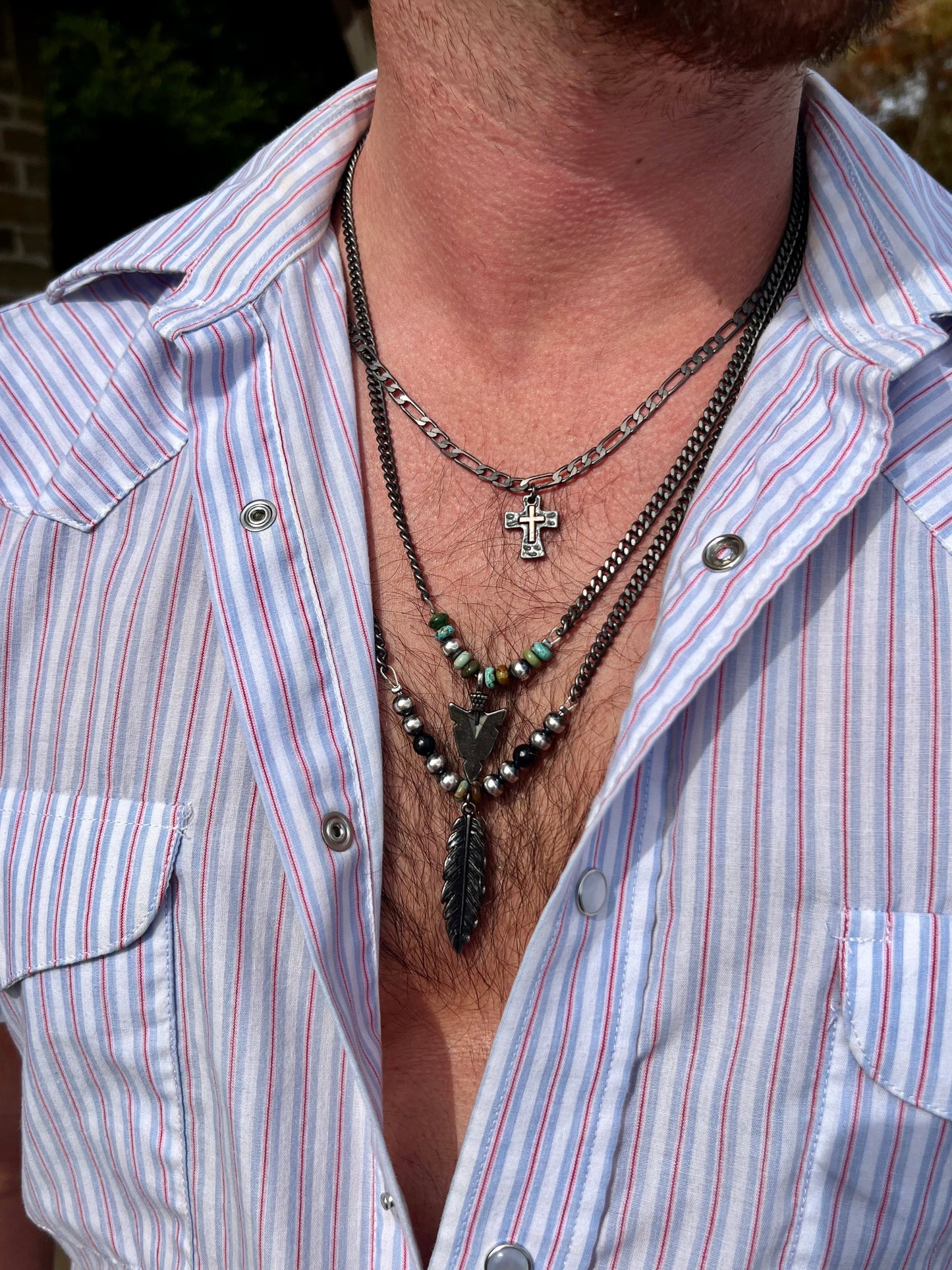 Men's Feather Necklace with real turquoise - 25 inch