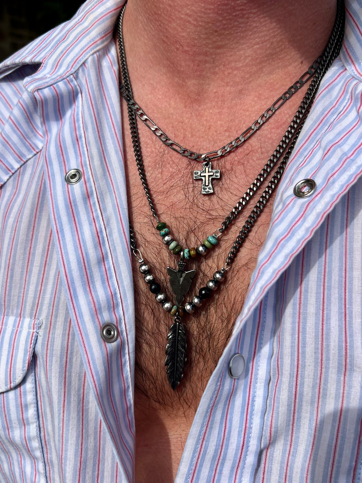 Men's Feather Necklace with real turquoise - 25 inch