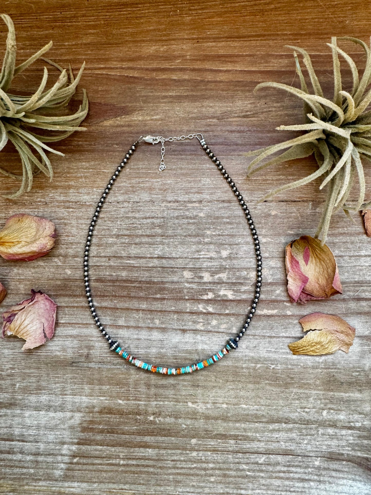 Sterling Silver Pearl Choker with Turquoise & Spiny Oyster Heishi