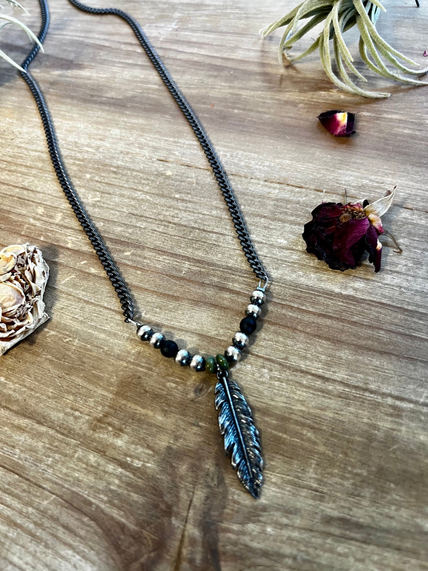 Men's Feather Necklace with real turquoise - 25 inch