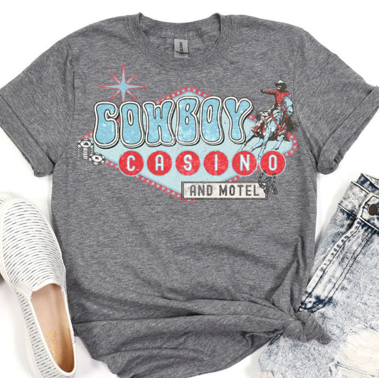 Gray t-shirt with 'Cowboy Casino and Motel' graphic design on a white background