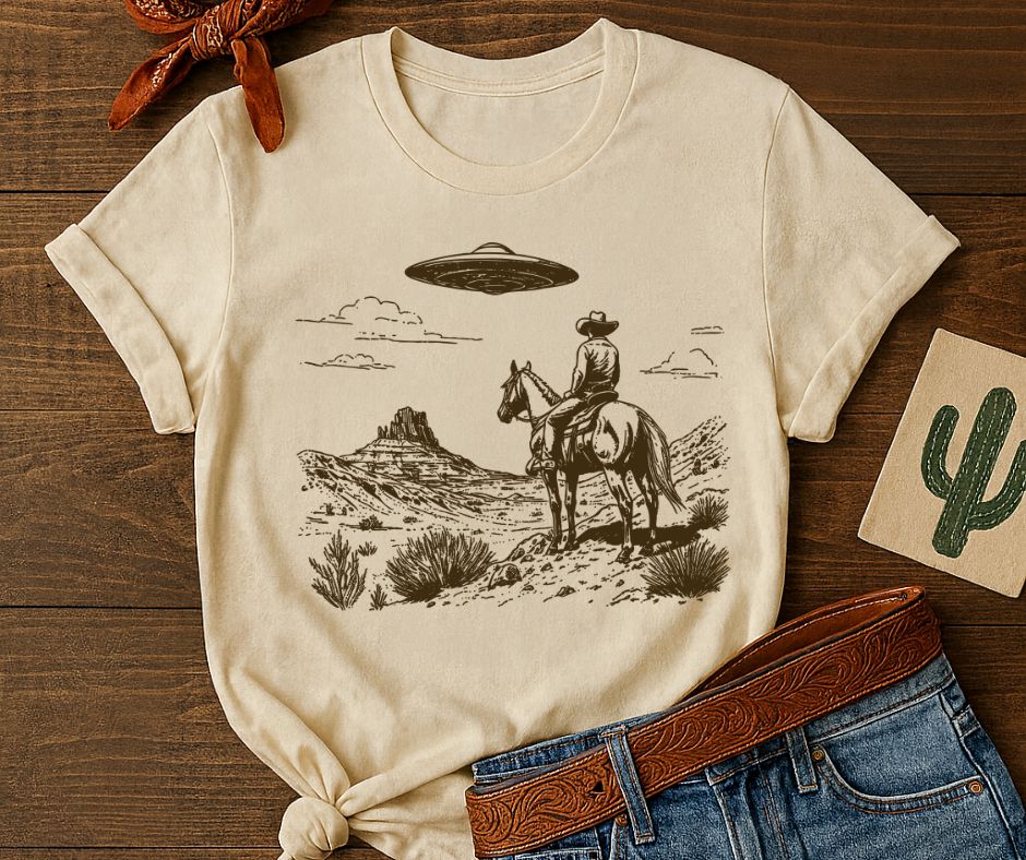 Beige t-shirt with a graphic of a cowboy on horseback and a UFO, placed on a wooden surface with jeans and a belt.