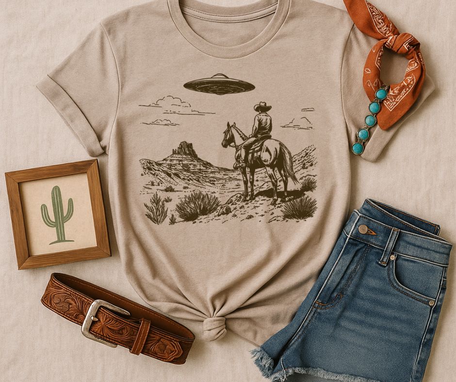Beige t-shirt with a graphic of a cowboy on horseback and UFO, paired with jeans and accessories on a beige background.
