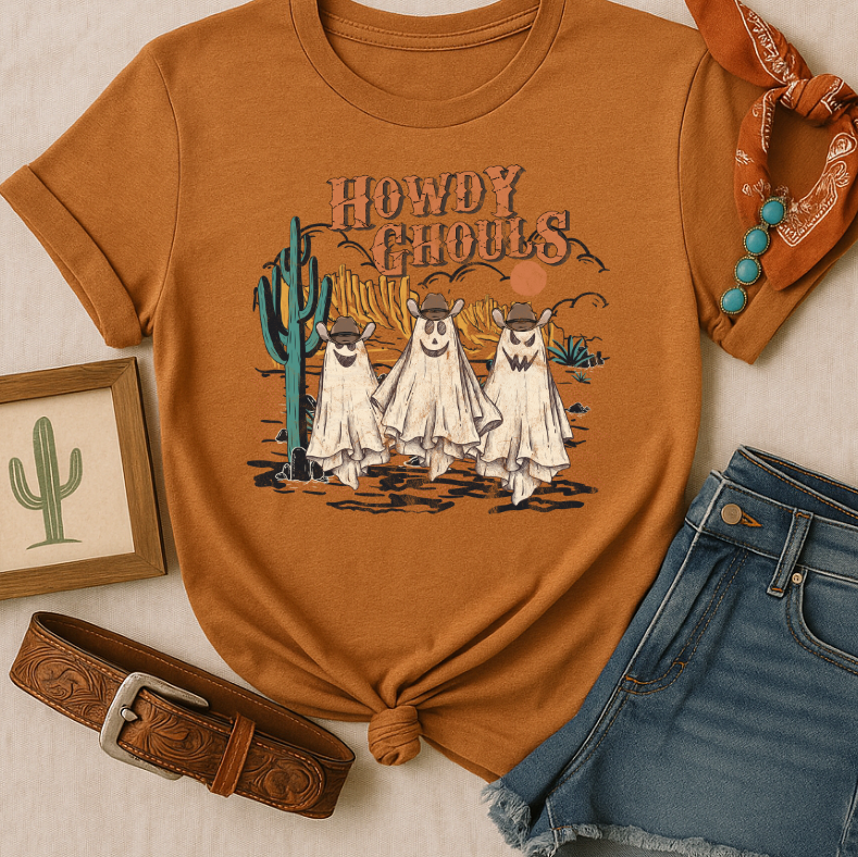 Orange t-shirt with ghost graphic and 'Howdy Ghoul' text, paired with jeans and a belt on a beige background.